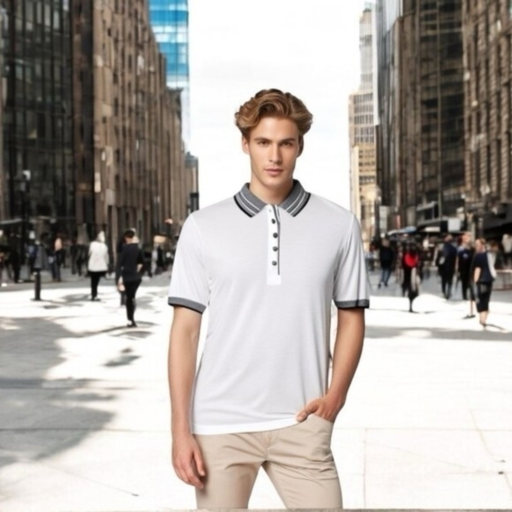 Tail Men's White Black Grey Stripe Polo Shirt L Cotton Polyester Blend Excellent